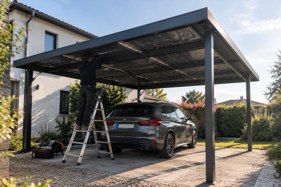 Carport en aluminium avec toiture photovoltaïque installé devant une maison (photo d'illustration)